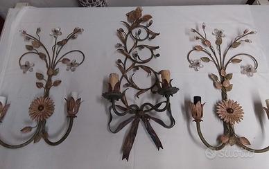 3 applique Vintage ferro battuto e fiorì in vetro 