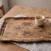 Vassoio Legno Vintage Decorato Oro e Rosso