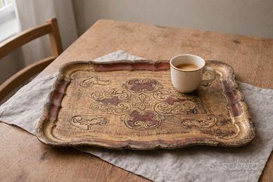 Vassoio Legno Vintage Decorato Oro e Rosso