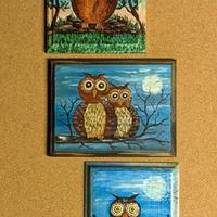 Set 3 quadri piccoli con gufi dipinti olio firmati