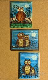 Set 3 quadri piccoli con gufi dipinti olio firmati