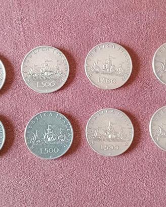 Lotto 8 Monete 500 Lire Caravelle argento