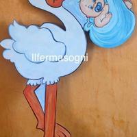 Cicogna in legno per annuncio fiocco nascita