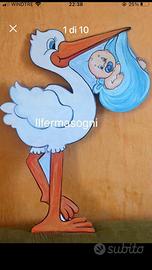 Cicogna in legno per annuncio fiocco nascita