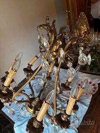 Lampadario Vintage in Ottone e Cristalli