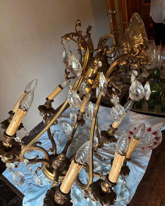 Lampadario Vintage in Ottone e Cristalli