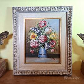 Quadro anni 70 vaso fiori - Dipinto olio su tela