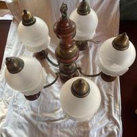 Lampadario Vintage 5 Luci - Legno, Ottone e Vetro