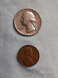 Monete americane: 1 quarter dollar e 1 one cent