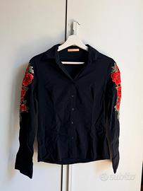 Camicia Donna Nera Ricami Floreali-Taglia S