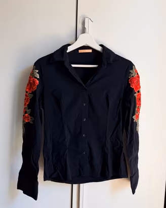 Camicia Donna Nera Ricami Floreali-Taglia S