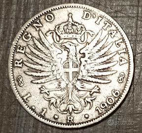 #1985-Una Moneta 1 Lira 1906 Argento Regno Italia