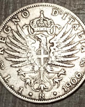 #1985-Una Moneta 1 Lira 1906 Argento Regno Italia