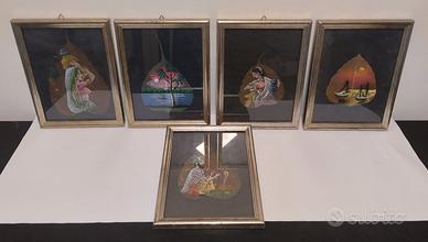 5 quadri arte orientale dipinti su foglie vere