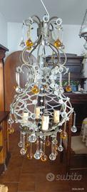 lampadario di cristallo e ferro battuto vintage
