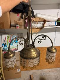 Lampadario Vintage in Ottone a 3 Luci con Perline