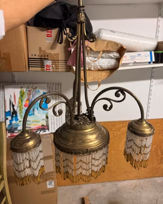 Lampadario Vintage in Ottone a 3 Luci con Perline