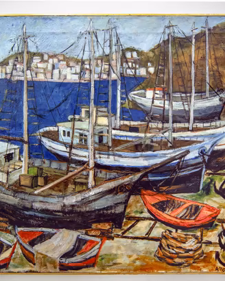 Quadro olio su tela con barche, 100x80, firmato