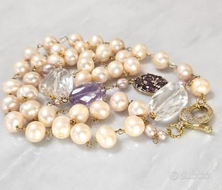 Collana con perle di acqua dolce, ametista, quarzo