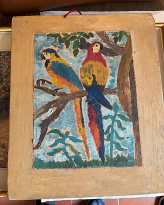 quadro pappagalli dipinto su legno