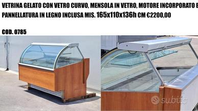 VETRINA GELATO CON VETRO CURVO, MENSOLA IN VETRO