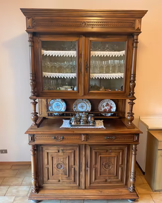 Antica Credenza Vintage Due Corpi Vetrina in Legno
