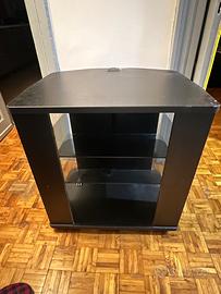 Mobile porta TV nero con ruote e ripiani in vetro