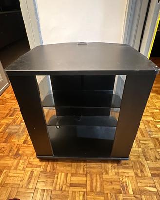 Mobile porta TV nero con ruote e ripiani in vetro