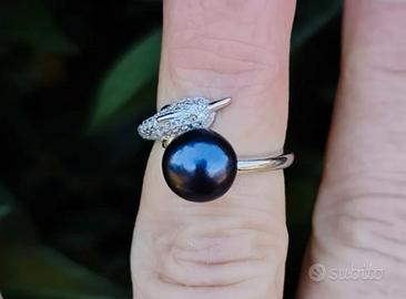 Anello in argento 925 regolabile e perla nera 