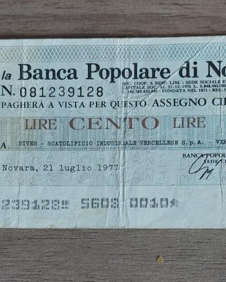 miniassegno Banca Popolare di Novara (100 lire)