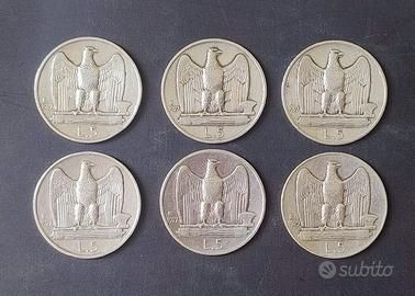 lotto 6 monete argento lire 5 aquilitto 1927