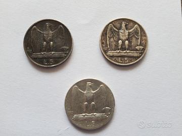 5 lire 1927 1929 argento 3 pezzi Vittorio E III 