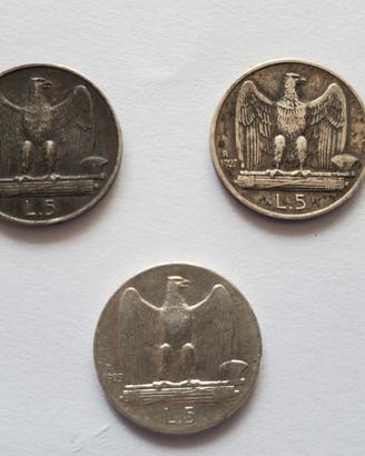 5 lire 1927 1929 argento 3 pezzi Vittorio E III 