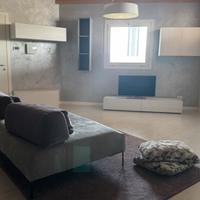 Sala con divano, tappeto, cuscini, tv, lampada