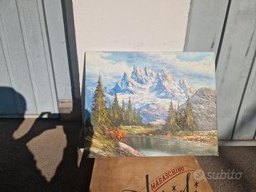 Dipinto olio su tela Laghetto con monti 