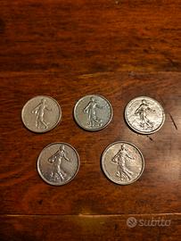 Lotto 5 Monete in Argento 835 5 Franchi Semeuse