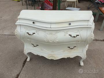 Como' bombato in legno barocco bianco shabby 