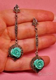 ARGENTO 925 orecchini rosa turchese marcasite