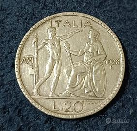 Regno d Italia V.E.III,20 lire 1928 A.VI,ag 15 gr