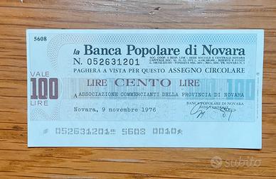 Assegno circolare 100 lire Banca Popolare Novara