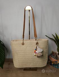 Borsa shopper rafia beige manici cuoio ~ Nuova