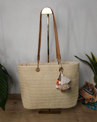 Borsa shopper rafia beige manici cuoio ~ Nuova