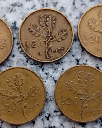 20 lire 1957 gambo largo , 5 pezzi non comune