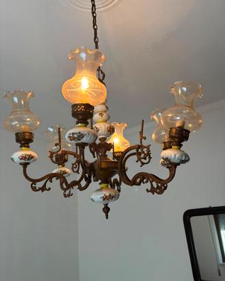 lampadario ottone e ceramica dipinta a mano