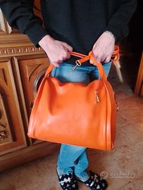 Borsa in pelle arancio/beige