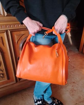Borsa in pelle arancio/beige