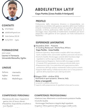 Cuoco di Linea / Capo Partita (linea fredda)