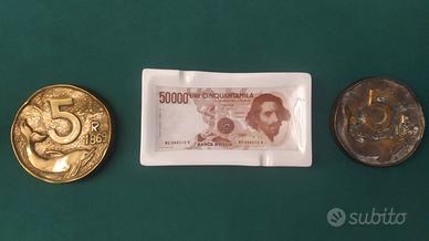 POSACENERE E FERMACARTE D'EPOCA-CERAMICA E OTTONE