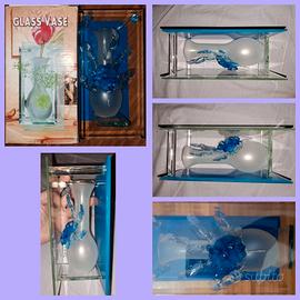 Vintage vaso vetro fiori azzurri con scatola