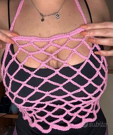 Top estivo a rete rosa uncinetto cotone